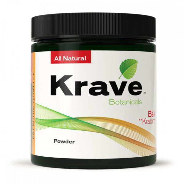 Krave Bali kratom powder jar — buy lab-tested Krave kratom powder online, 13 strains from 60g to 1000g.