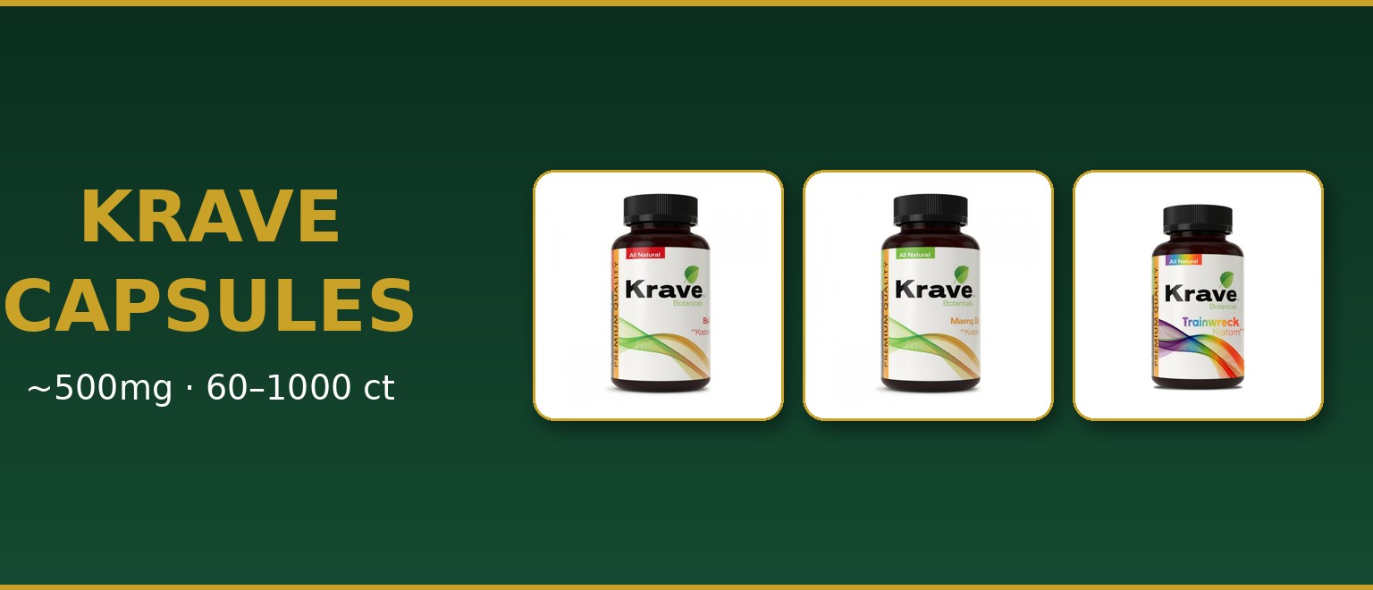 Krave kratom capsules bottles — Bali, Maeng Da and Trainwreck. Buy kratom capsules online, ~500mg per capsule, 60–1000 count.