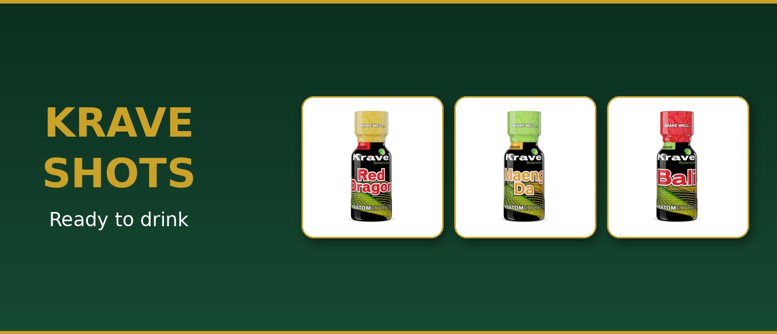 Krave kratom extract shots — Red Dragon, Maeng Da and Bali Blend. Buy ready-to-drink kratom shots online.