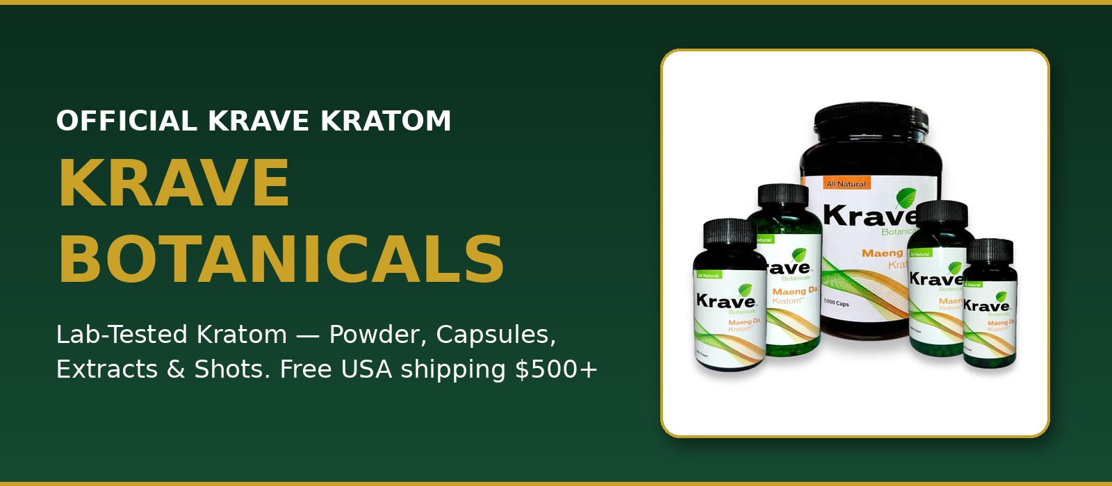 Krave Botanicals Maeng Da kratom capsules and powder jars in five sizes — buy lab-tested Krave Kratom online with free USA shipping on orders over $500.