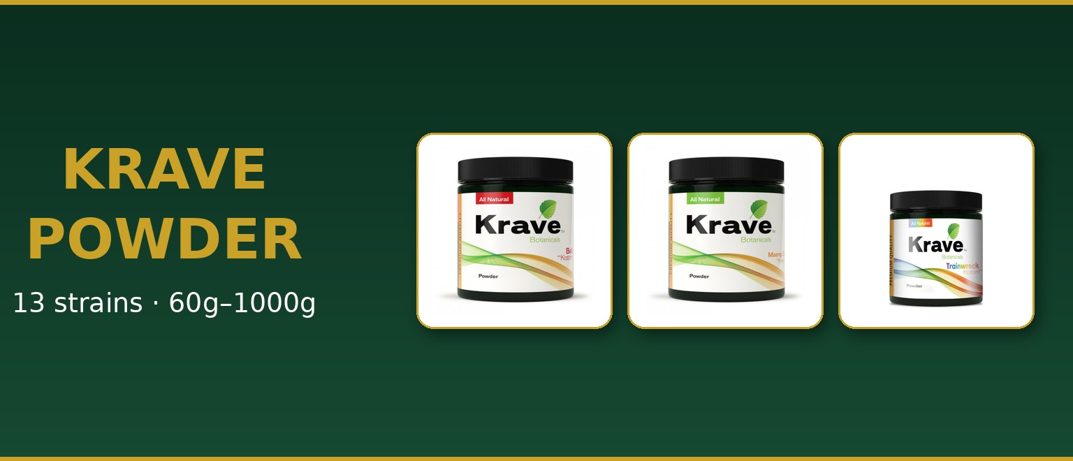 Krave kratom powder jars — Bali, Maeng Da and Trainwreck. Buy lab-tested kratom powder online with free USA shipping on orders over $500.